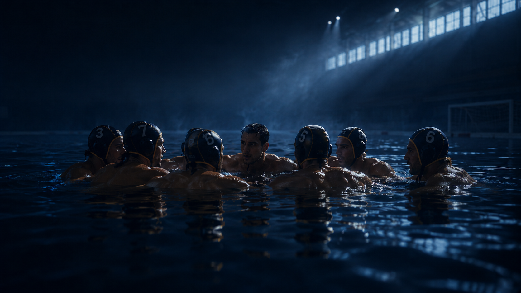 Water polo team huddling together in the pool