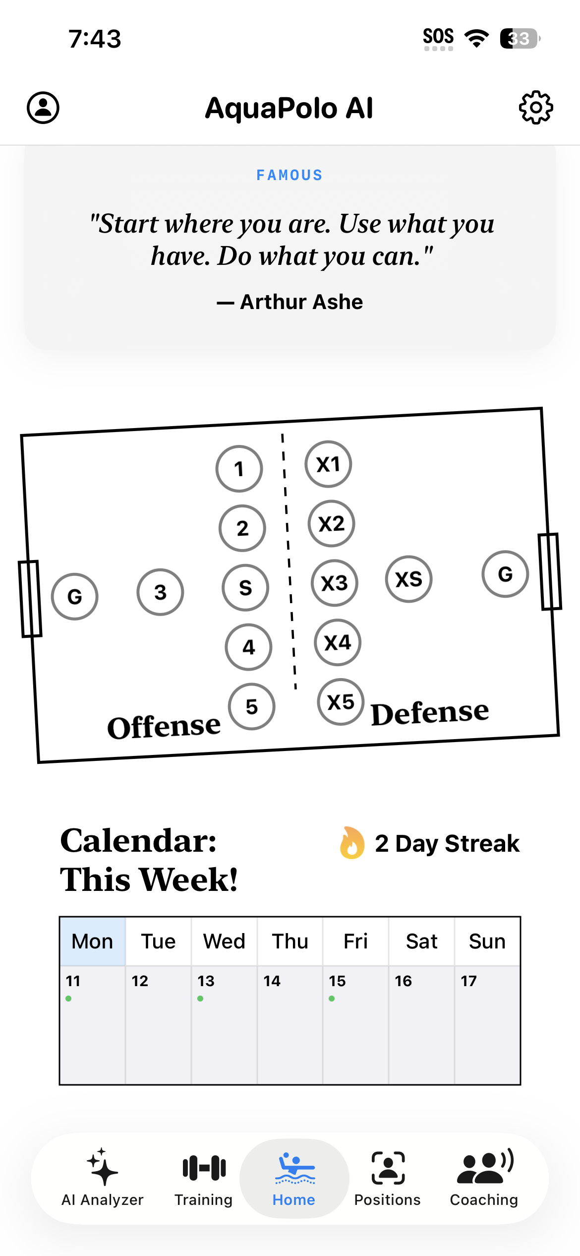 Weekly training calendar screen
