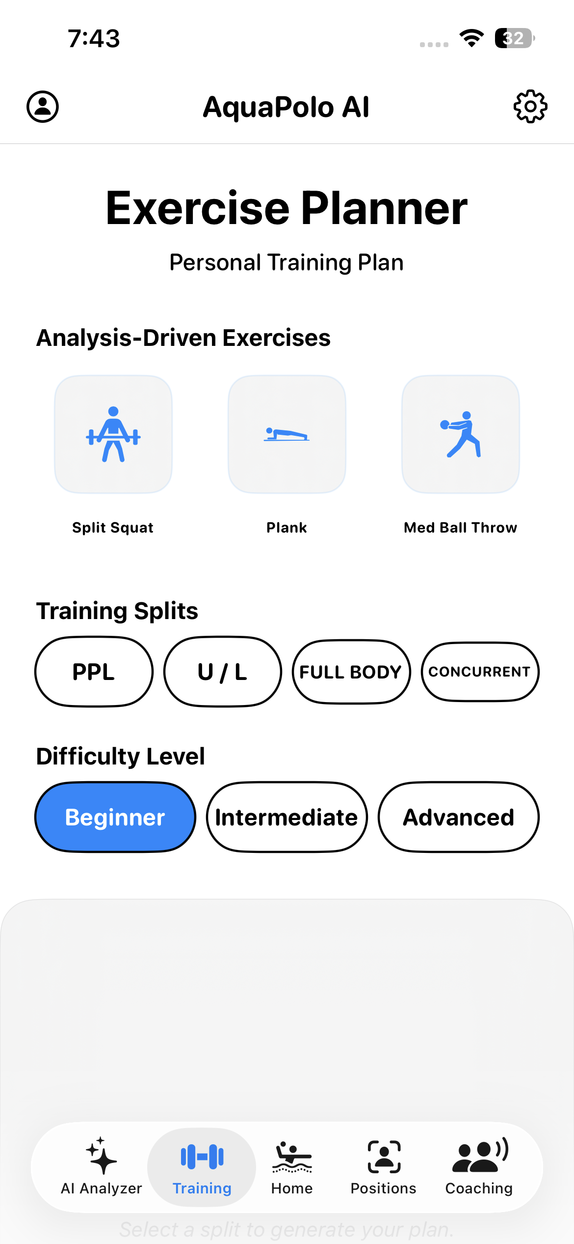 Training plan screen