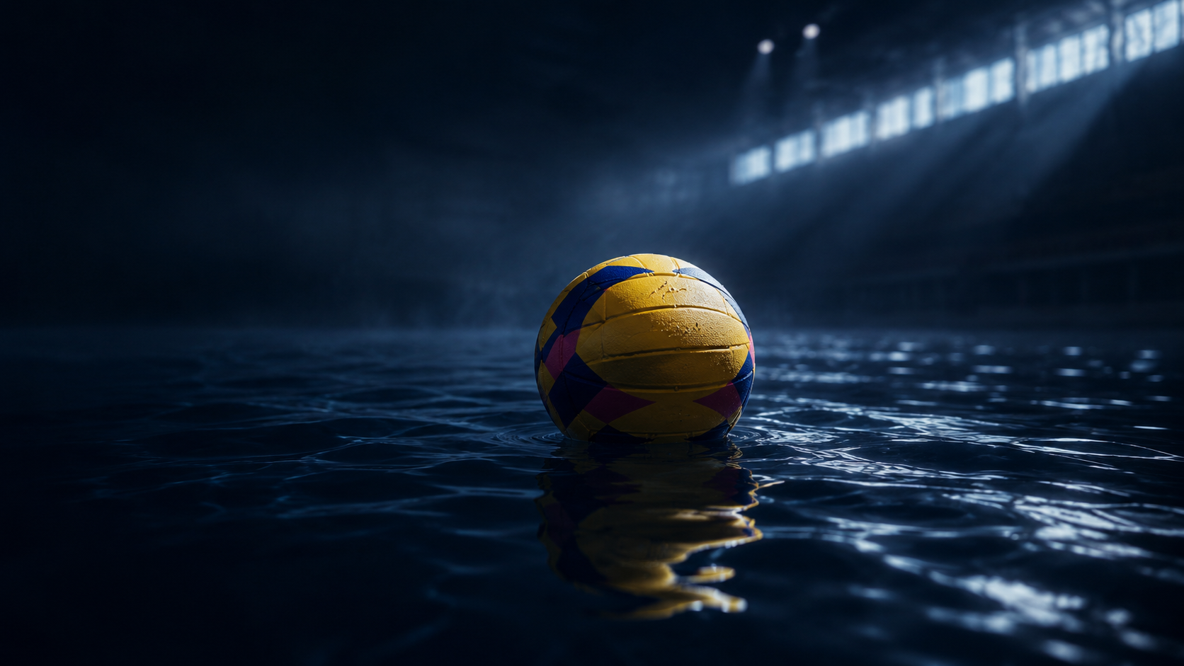 Water polo ball floating in a dark cinematic pool, stadium lights above