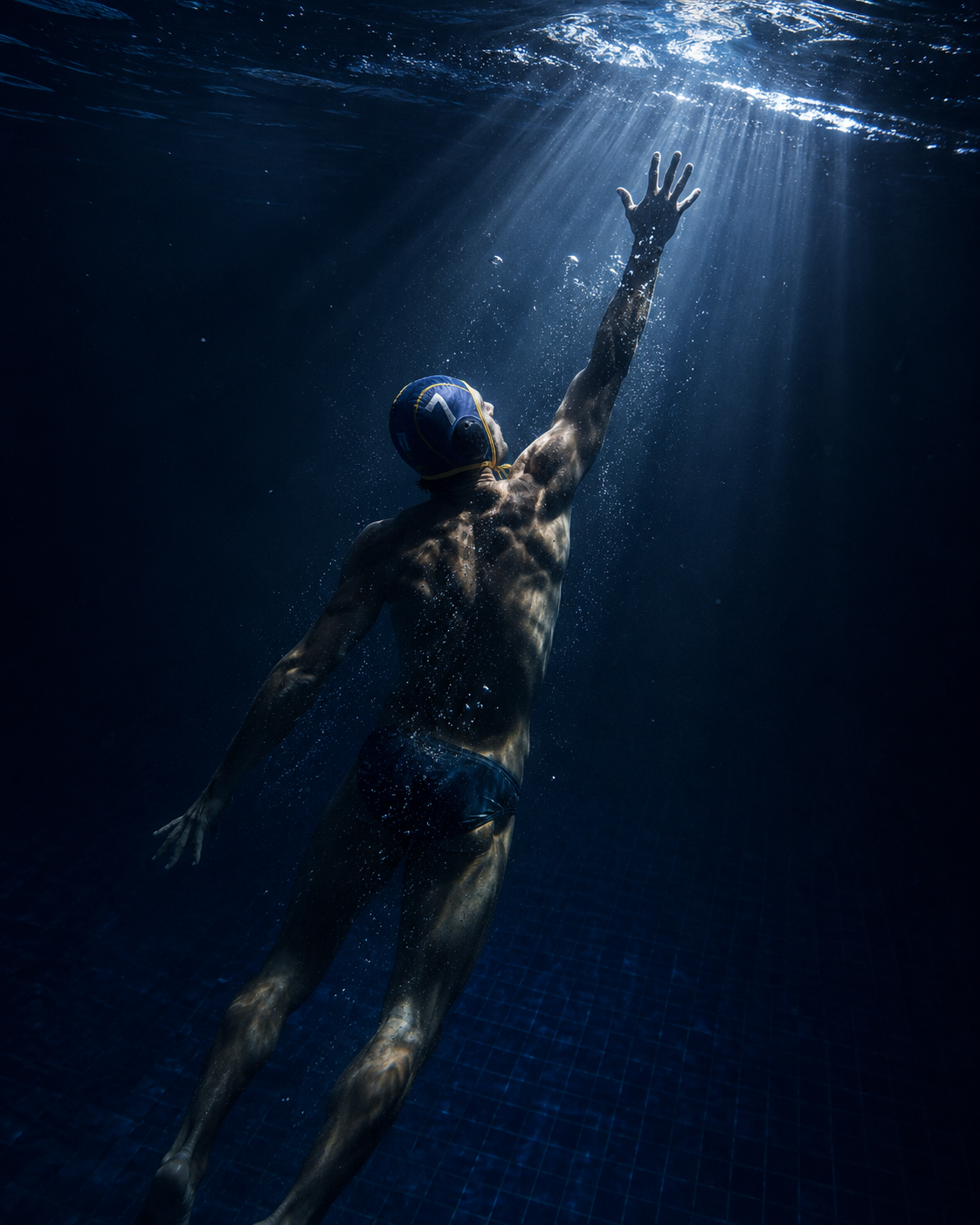 Water polo player underwater, dramatic light rays from surface
