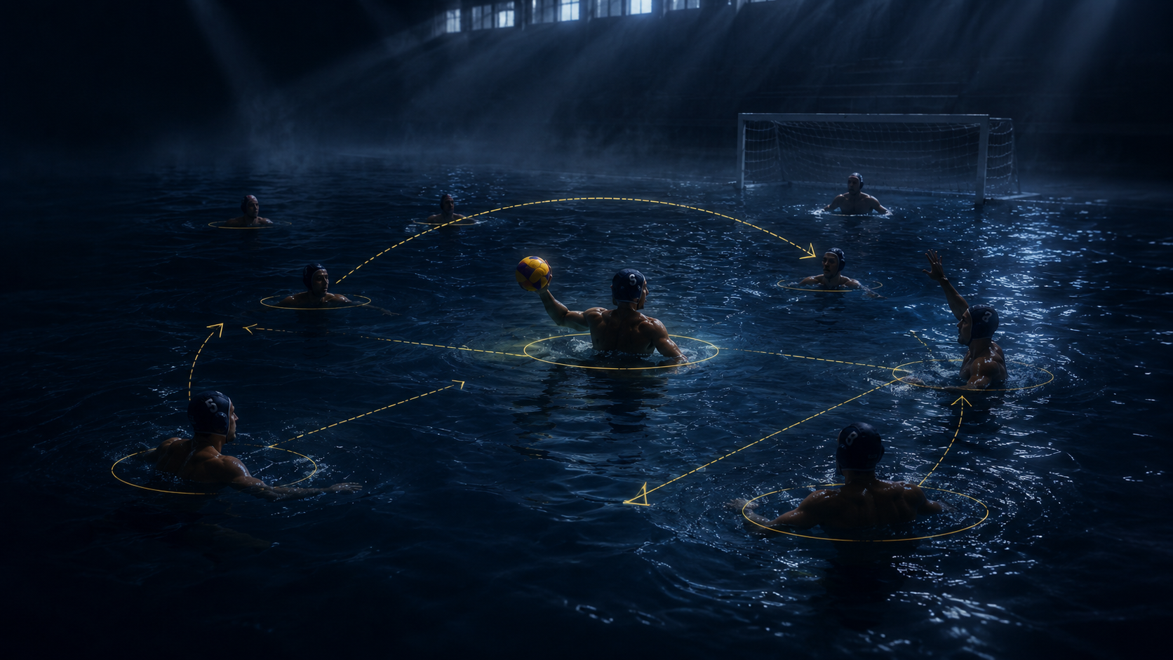 Water polo players in a dark pool with AI tactical positioning circles and passing lane overlays